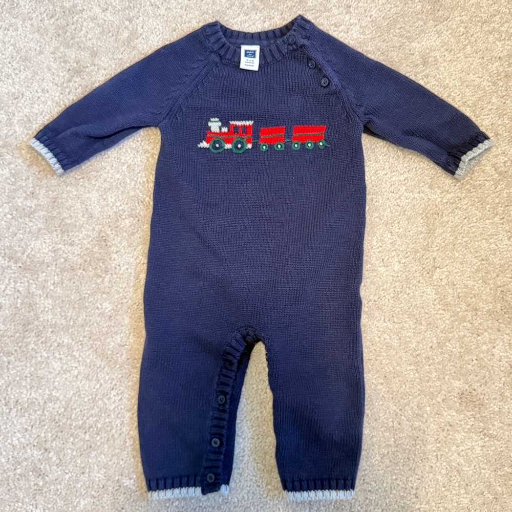 Janie and Jack Boys Navy Blue Train Knit One Piece Bodysuit, size 0-3 months